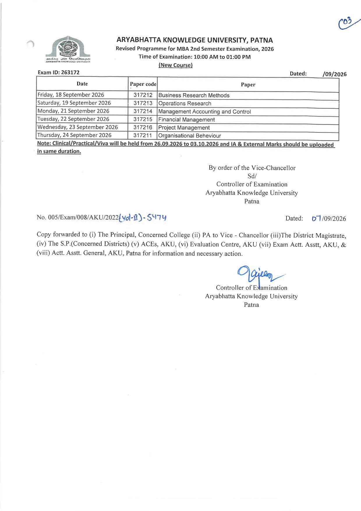Revised Programme for MBA 2nd Semester Examination, 2026