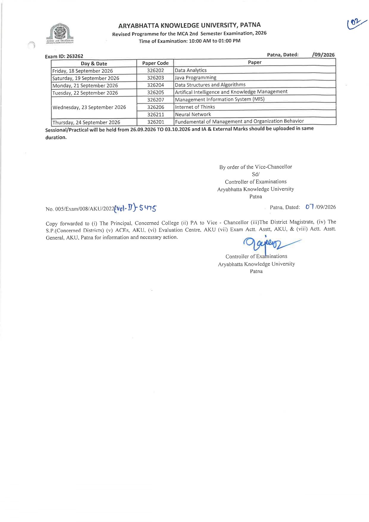 Revised Programme for the MCA 2nd Semester Exarnination, 2026