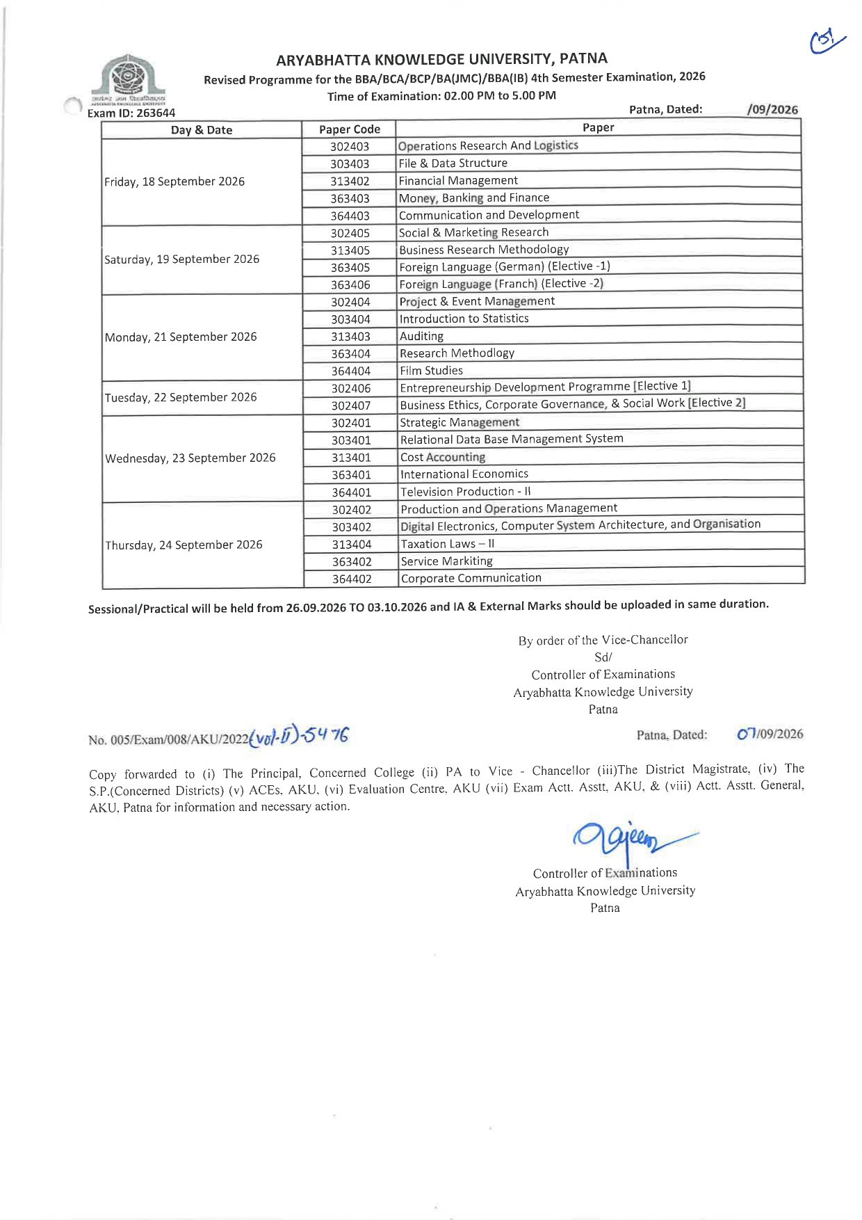 Revised Programme for the BBA/BCA/BCP/BA(JMC)/BBA(IB) 4th Semester Examination, 2026